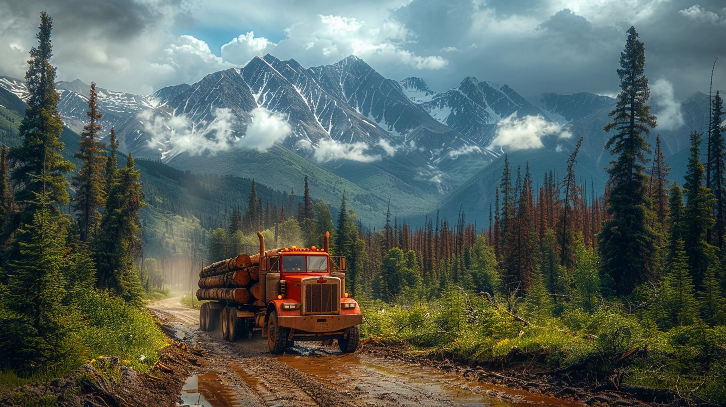 Logging Truck Working In The Mountains